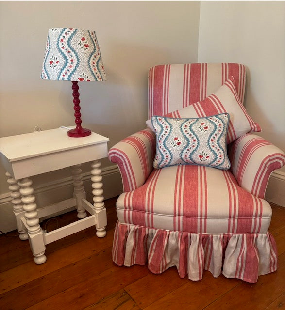 Antique Red Off-white English Linen Striped Armchairs (Pair)