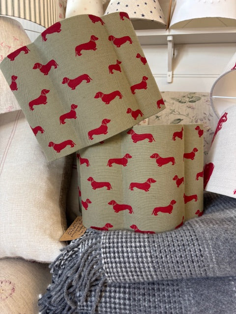 English Linen Scalloped Lampshades - Red and Green Dachshunds