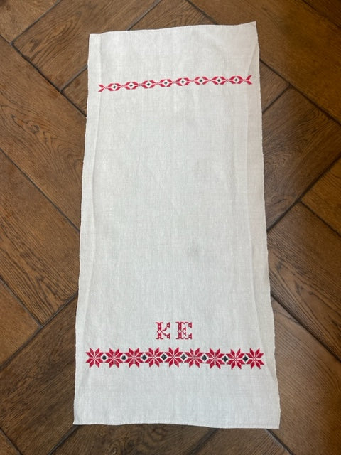 Antique Linen Table Runner - monogrammed 'KE'