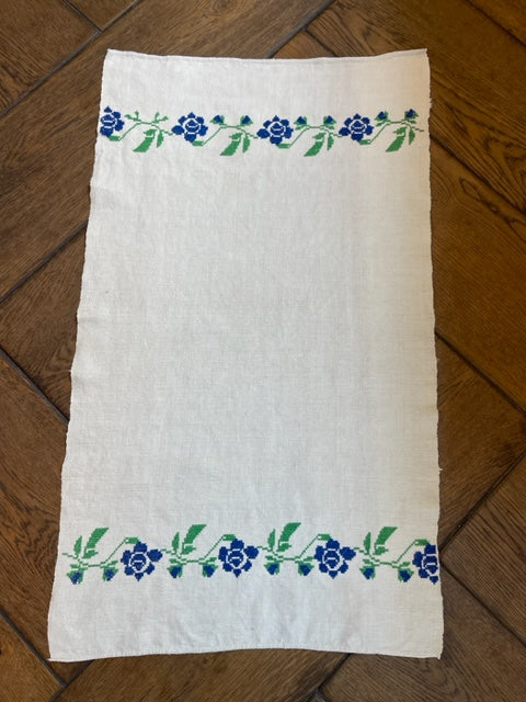 Antique Linen Table Runner - Periwinkle Blue Embroidered Flowers