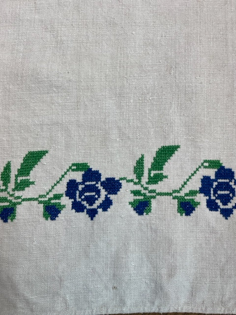Antique Linen Table Runner - Periwinkle Blue Embroidered Flowers
