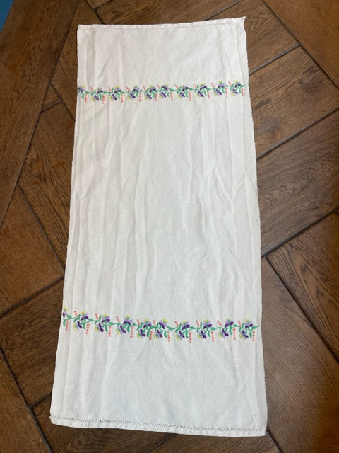 Antique Linen Table Runner - Violet Embroidered Flowers