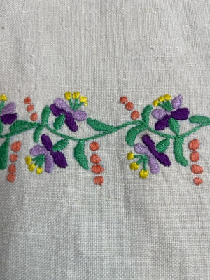 Antique Linen Table Runner - Violet Embroidered Flowers