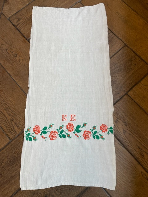 Antique Linen Table Runner - monogrammed 'KE' & embroidered roses