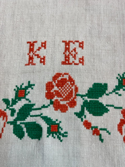 Antique Linen Table Runner - monogrammed 'KE' & embroidered roses