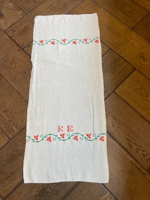 Antique Linen Table Runner - monogrammed cross-stitched 'KE'