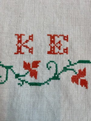 Antique Linen Table Runner - monogrammed cross-stitched 'KE'