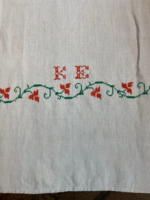 Antique Linen Table Runner - monogrammed cross-stitched 'KE'