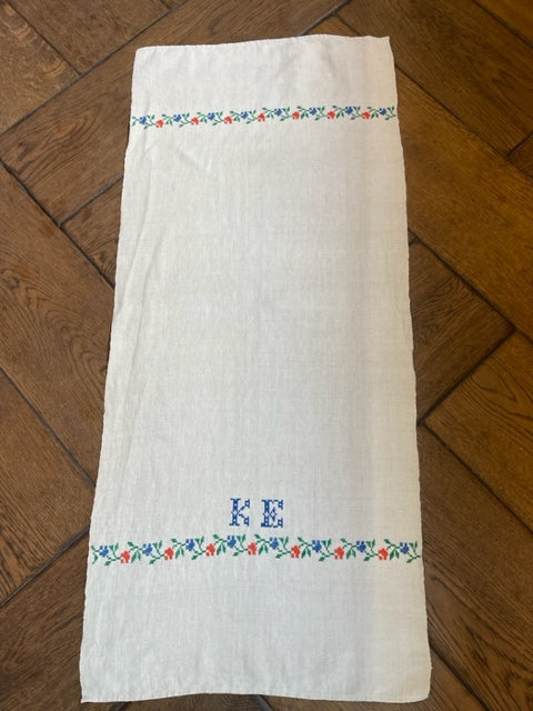 Antique Linen Table Runner - monogrammed cross-stitched 'KE'