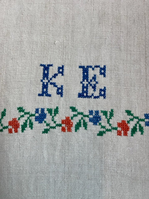 Antique Linen Table Runner - monogrammed cross-stitched 'KE'