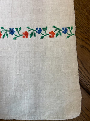 Antique Linen Table Runner - monogrammed cross-stitched 'KE'