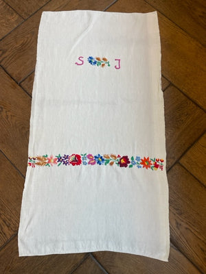 Antique Linen Table Runner - monogrammed cross-stitched 'SJ'