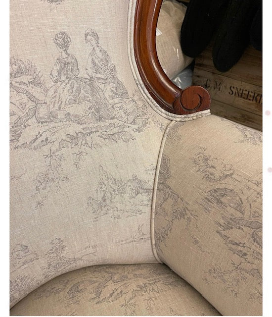 Antique Victorian English Toile Linen Armchair