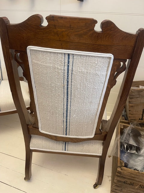 LF Monogrammed Antique Hungarian Grainsack Linen Victorian Chair