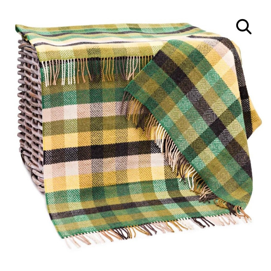 Merino Cashmere Throw - Green Yellow Charcoal Diamond Weave