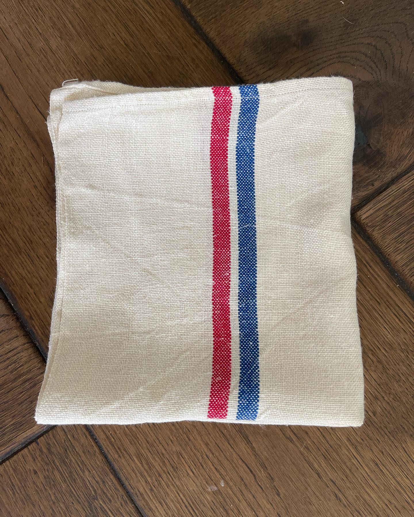 Antique/Vintage Natural French Linen Tea Towels - Red + Blue Stripe - Set of 3