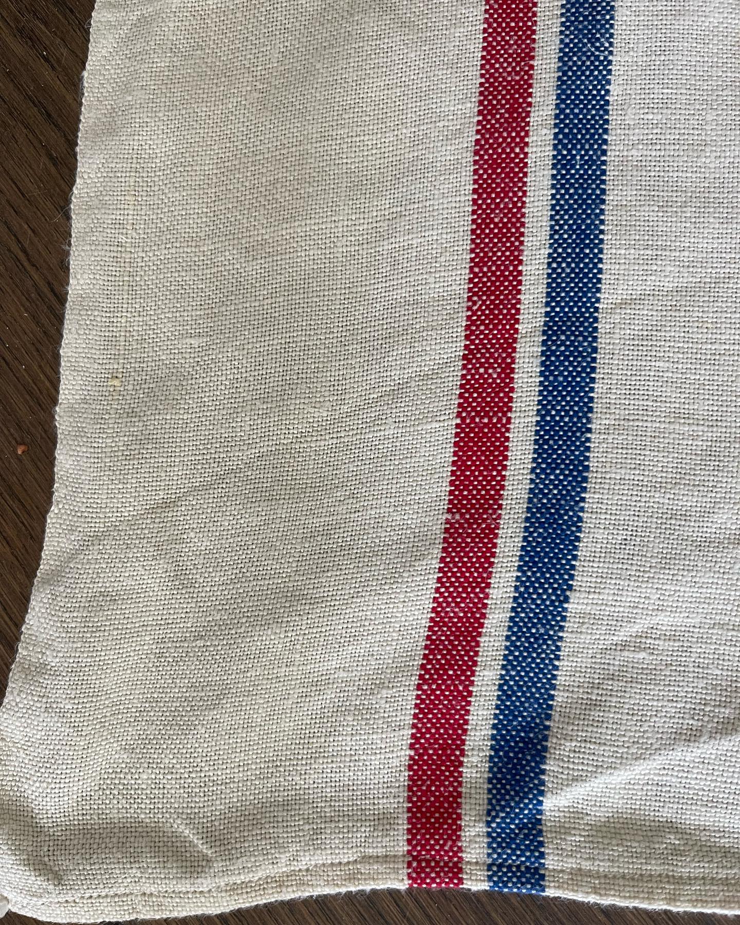 Antique/Vintage Natural French Linen Tea Towels - Red + Blue Stripe - Set of 3