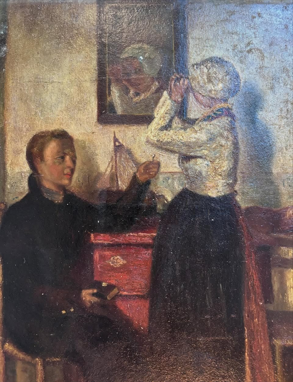 Vintage French domestic scene oil painting on board