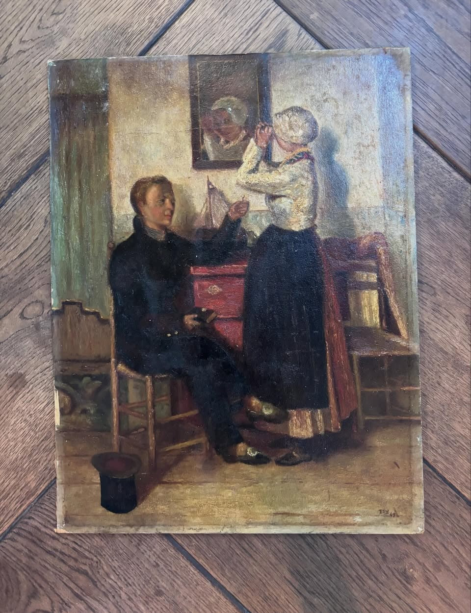 Vintage French domestic scene oil painting on board