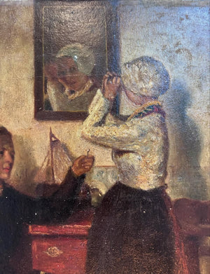 Vintage French domestic scene oil painting on board