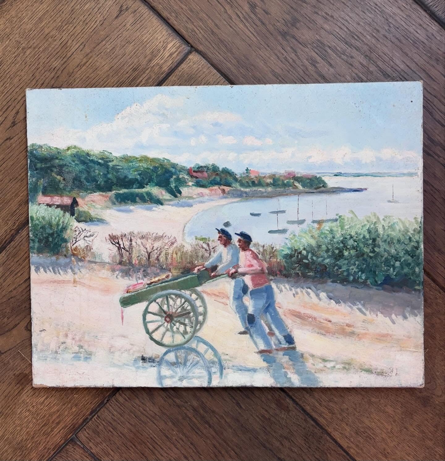 Vintage French rural seaside scene painting on canvas