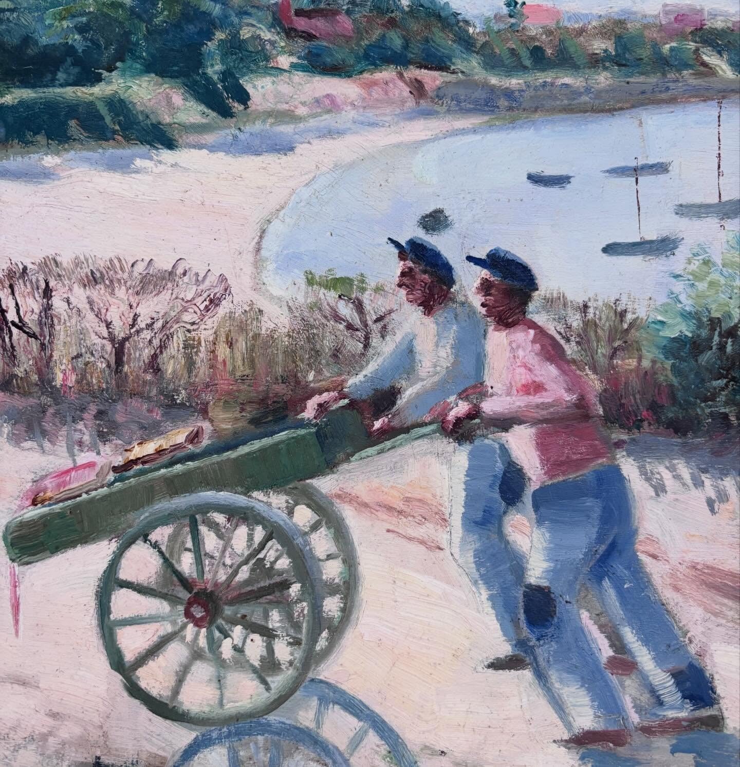 Vintage French rural seaside scene painting on canvas