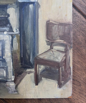 Vintage French rural kitchen oil painting on board