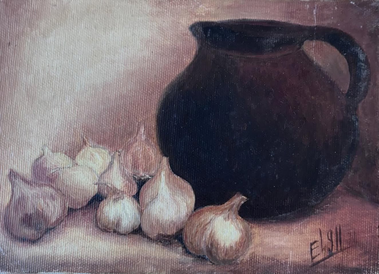 Vintage French garlic still-life painting on canvas