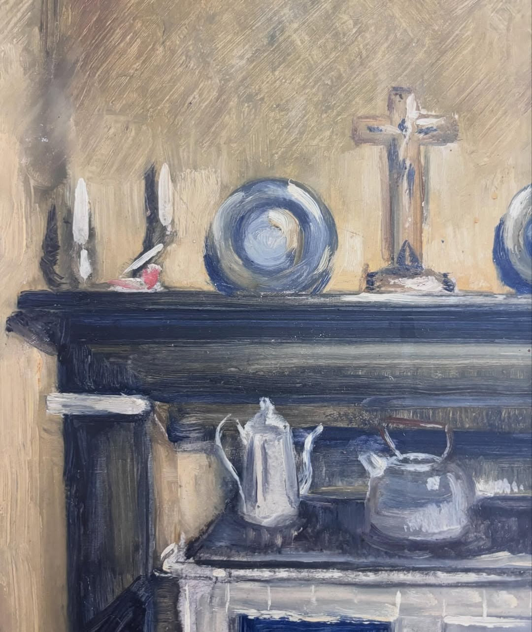 Vintage French rural kitchen oil painting on board