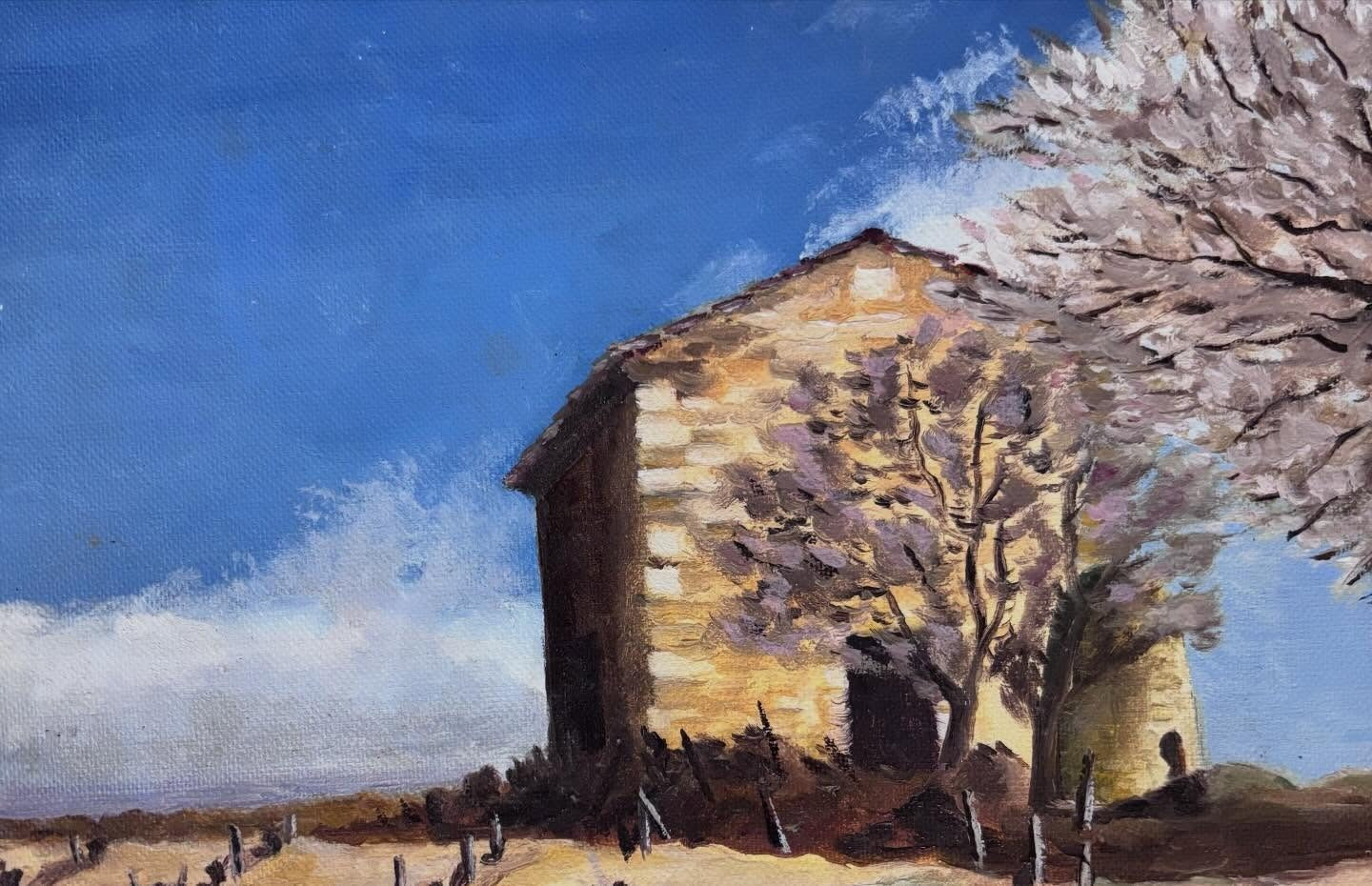 Vintage French rural farm scene painting on canvas