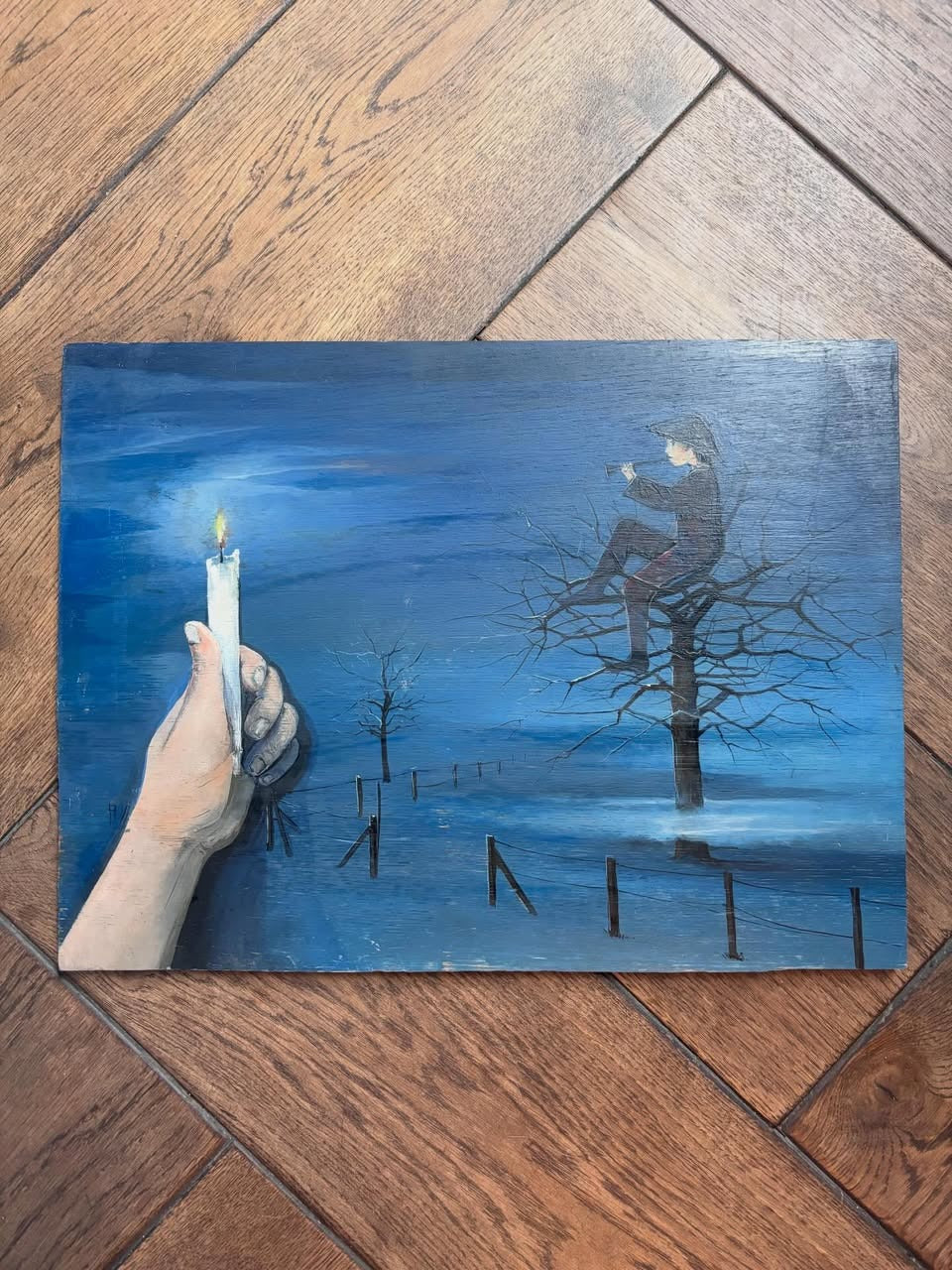 Vintage French piper night scene oil painting on board