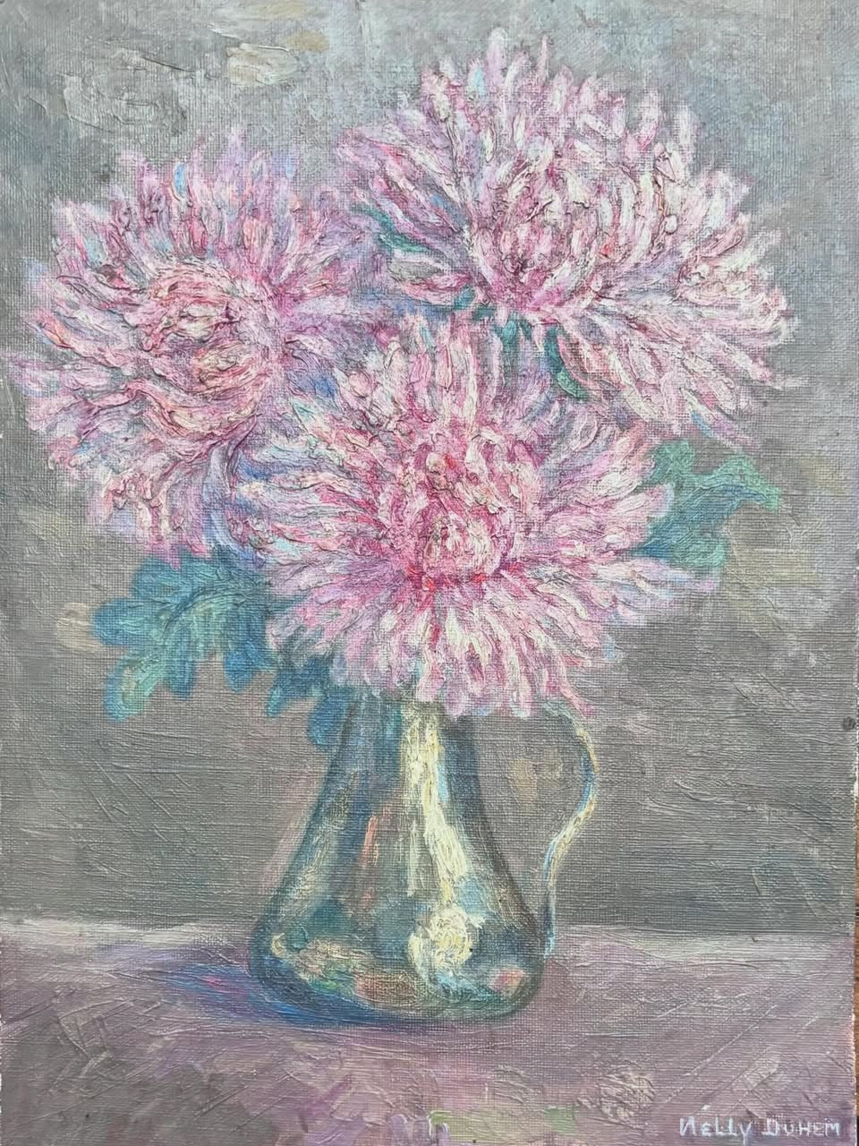 Vintage French pink zinnias oil painting on board