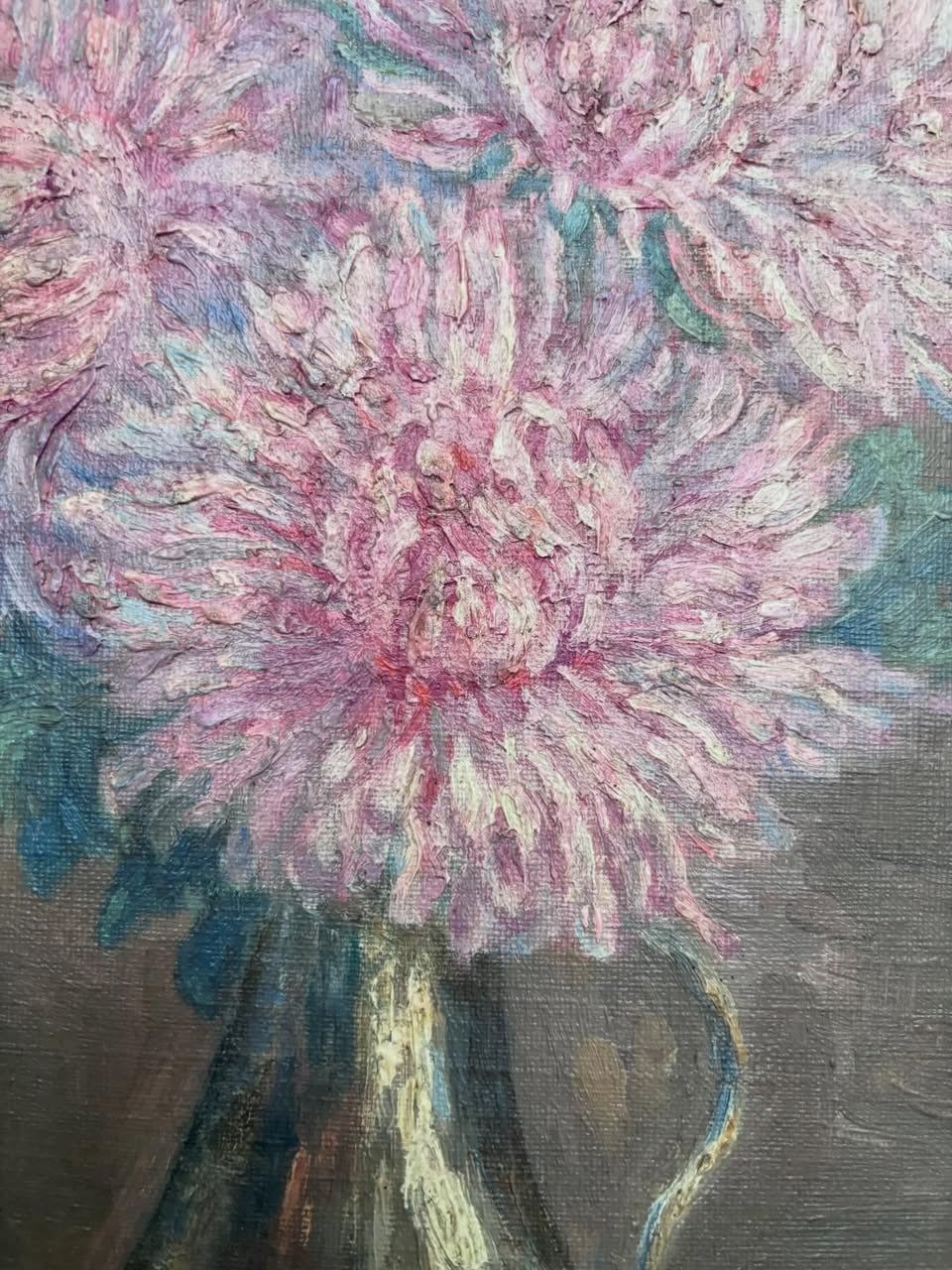 Vintage French pink zinnias oil painting on board