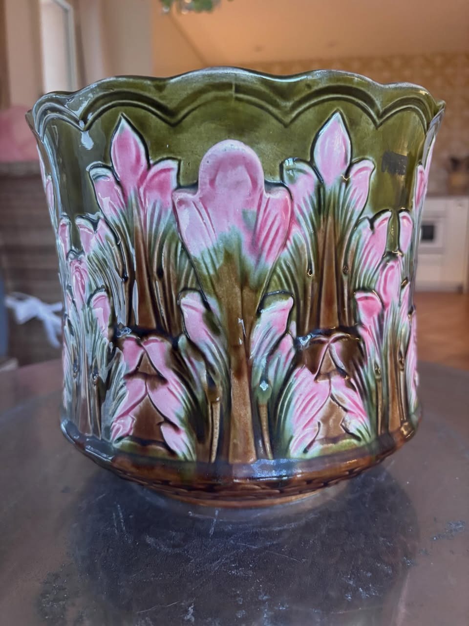 Antique French Majolica crocus floral pot