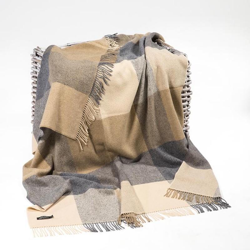 Merino Cashmere Throw - Taupe Large Check