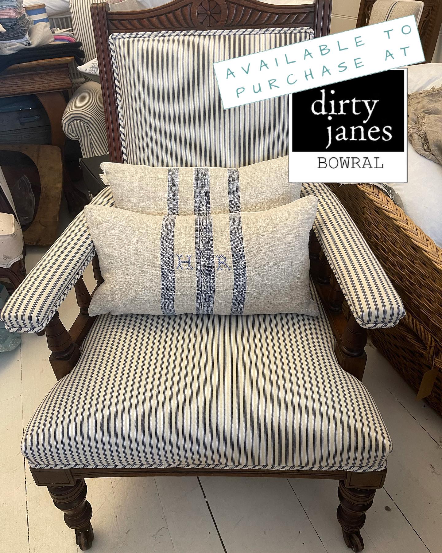 European Linen Ticking Armchair @ Dirty Janes, Bowral