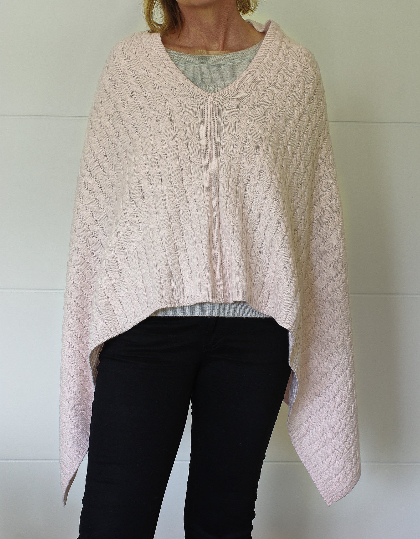 3-Ply Cable Knit Poncho - Palest Pink