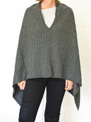 3-Ply Cable Knit Poncho - Charcoal