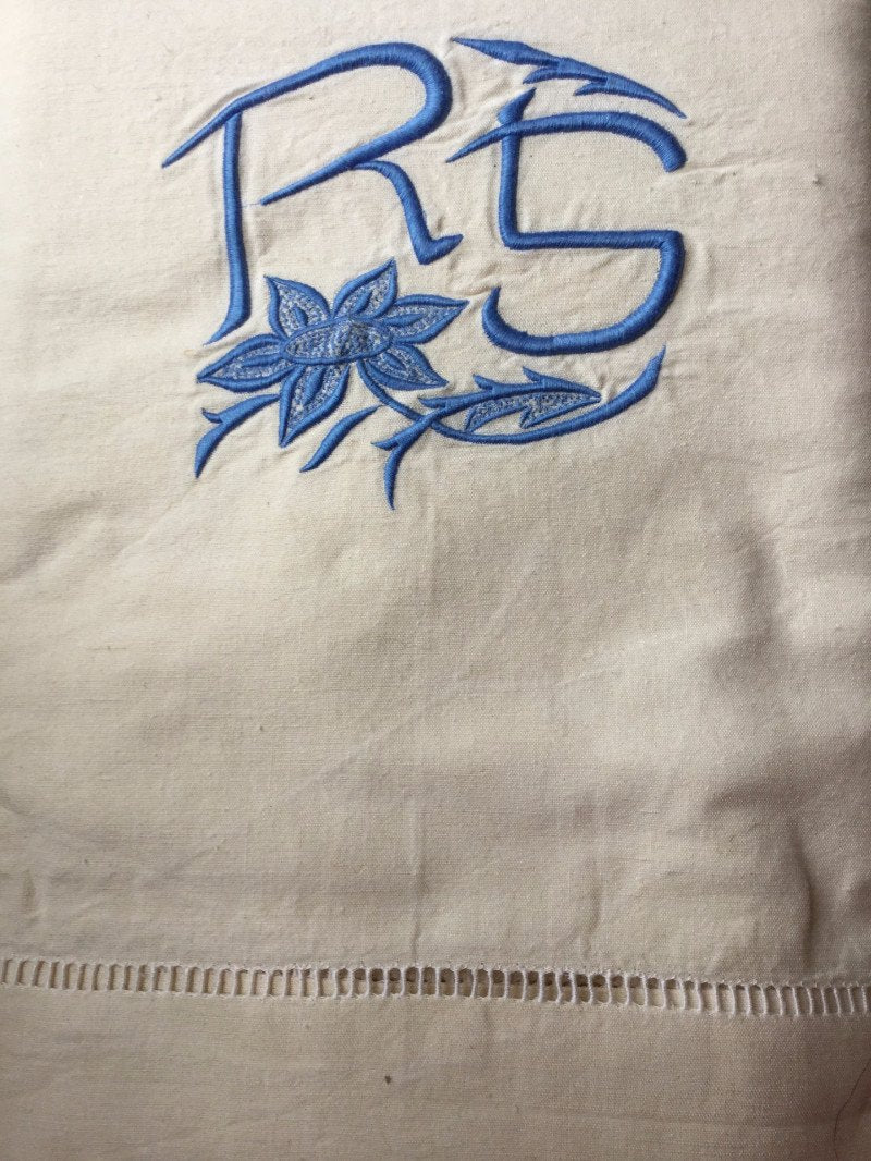 Vintage French Linen Sheet - 'RS' Blue