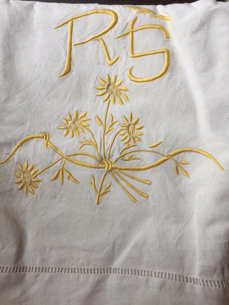Vintage French Linen Sheet - 'RS' Yellow