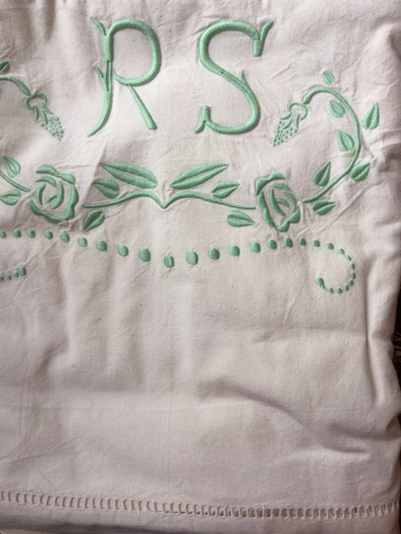 Vintage French Linen Sheet - 'RS' Green