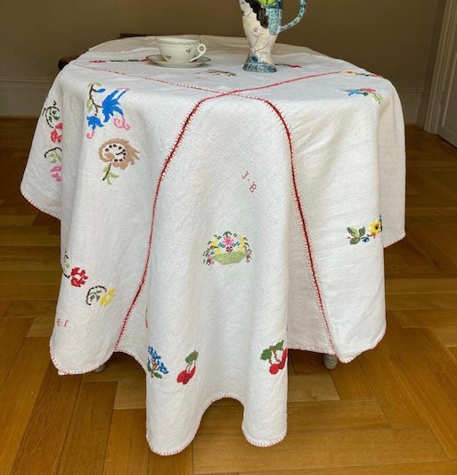 Vintage French Linen Embroidered Round Tablecloth