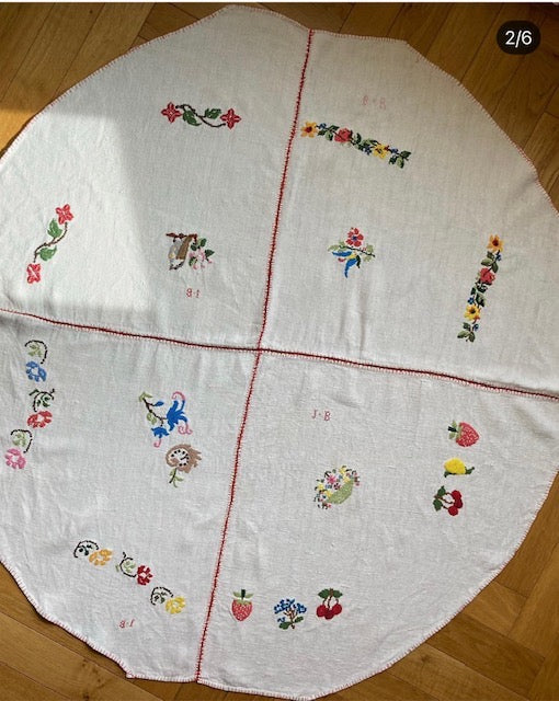 Vintage French Linen Embroidered Round Tablecloth