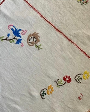 Vintage French Linen Embroidered Round Tablecloth