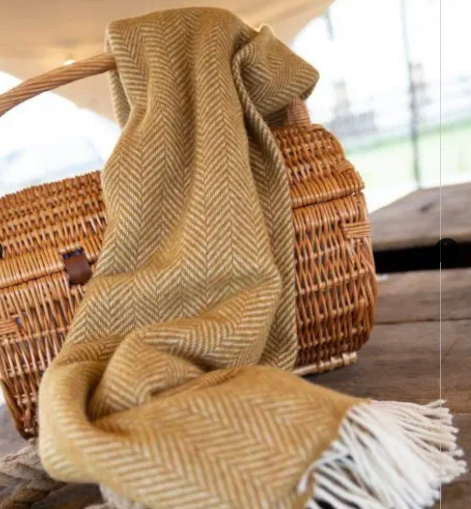 Merino Cashmere Throw - Mustard Herringbone