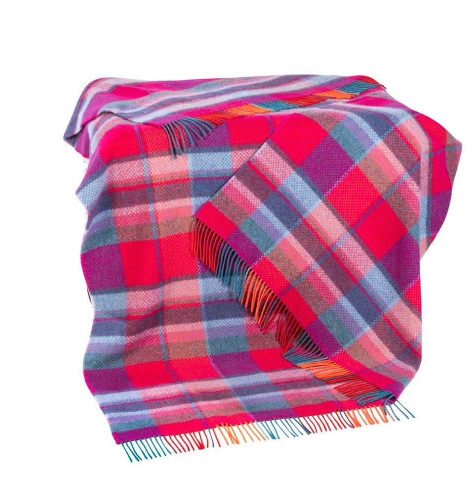 Merino Cashmere Throw - Orange / Cerise / Multi Overcheck