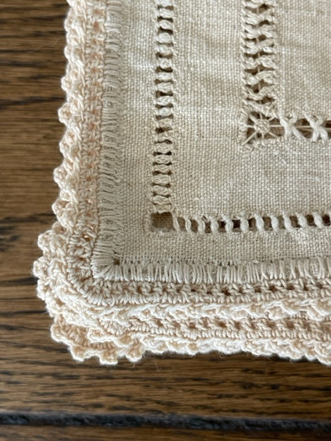 Vintage French linen cream crocheted napkins - set of 8