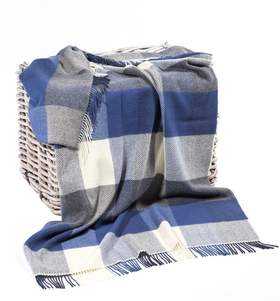 Merino Cashmere Throw - Blue, Demin + White Large Check