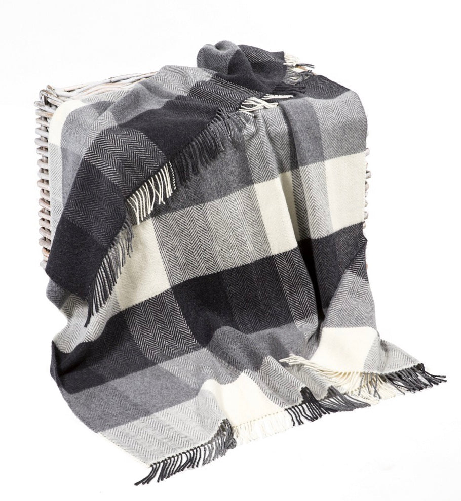 Merino Cashmere Throw - Grey + White Herringbone Large Check