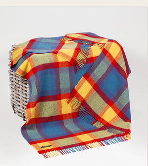 Merino Cashmere Throw - Bright Blue, Red + Yellow Large Check